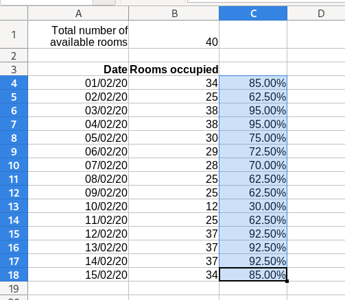 Occupancy rate fractions shown as percentages in Excel