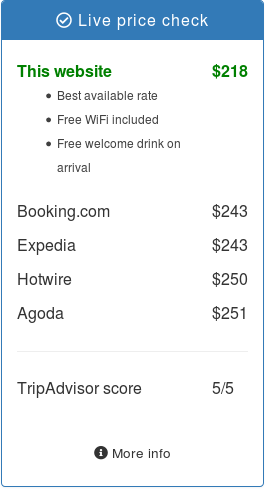 A price check widget showing the benefits of booking direct and user reviews in a single window